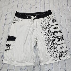 AC/DC MENS SIZE 34 Board Swim Trunks Shorts White Grunge Surfer Cyber Goth Y2K